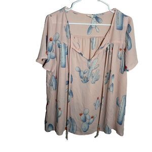 Emberly Blouse Women's Large Pink Floral V-Neck Sheer Tie Short Sleeve Career